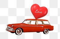 Valentine's celebration car png element, floating heart balloons collage art, transparent background