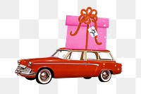 Car carrying png gift box, celebration graphic, transparent background