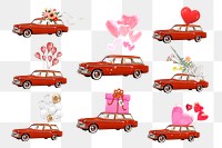 Valentine's celebration car png element, floating heart balloons collage art set