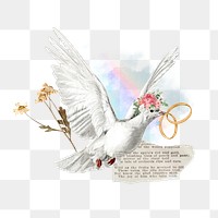 Wedding rings png, flying dove aesthetic collage, transparent background. Remixed by rawpixel.