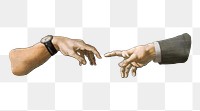 Manager png employee hand, vintage illustration on transparent background, inspired by the Creation of Adam, artwork of Michelangelo Buonarroti