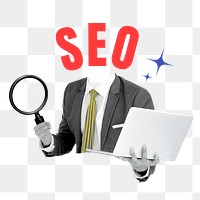 SEO word png sticker, SEO head businessman remix on transparent background