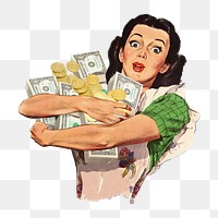 PNG Vintage woman holding money, finance illustration transparent background