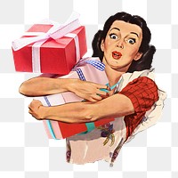 PNG Vintage woman holding gift, Christmas illustration transparent background