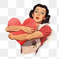 PNG Vintage woman holding heart, Valentine's Day illustration transparent background