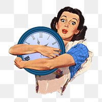 PNG Time management, woman holding clock illustration transparent background