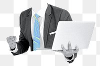 Businessman holding laptop png, transparent background