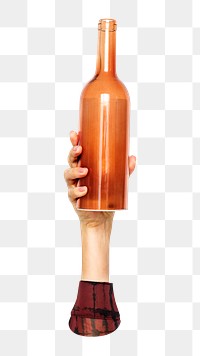 Glass bottle png in hand, transparent background