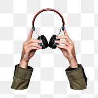 Headphones png in hand on transparent background