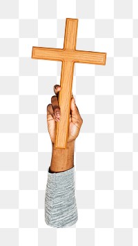 Wooden cross png in hand, transparent background