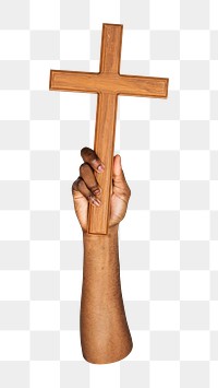 Wooden cross png in black hand, transparent background