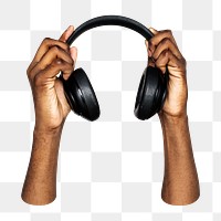 Headphones png in hand, transparent background