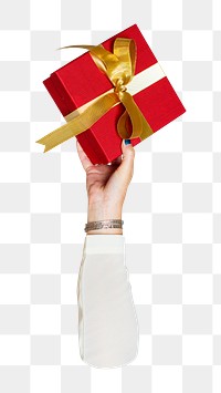 Gift box png in hand, transparent background