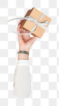 Gift box png in hand, transparent background