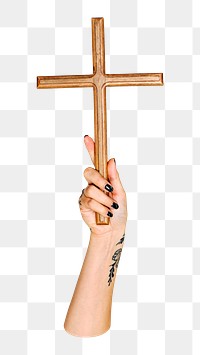 PNG Wooden cross in hand, collage element, transparent background