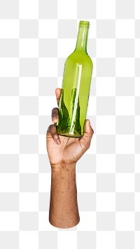 Glass bottle png in hand, transparent background