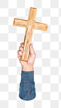 Wooden cross png in hand, transparent background