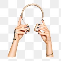 Headphones png in hand on transparent background