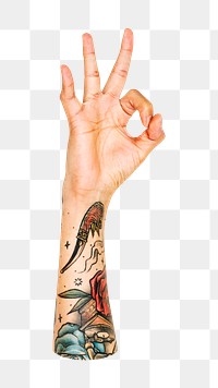 OK png tattooed hand gesture, sign language on transparent background