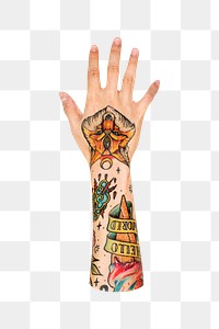 Png five fingers up tattooed hand gesture, sign language on transparent background