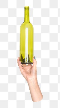 Glass bottle png in hand, transparent background