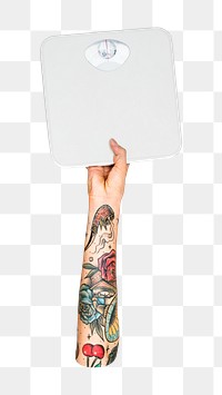 Png body weight scale in hand, transparent background