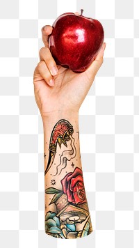 Apple png in tattooed hand on transparent background