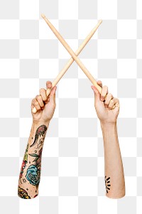 PNG Drumsticks in hand, collage element, transparent background