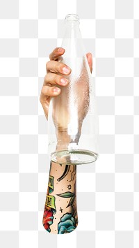 Glass bottle png in hand, transparent background