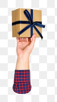 Gift box png in hand, transparent background