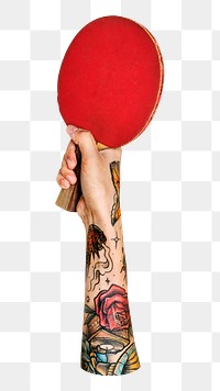 Png table tennis racket in tattooed hand on transparent background