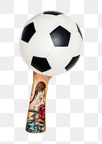 Football ball png in tattooed hand on transparent background