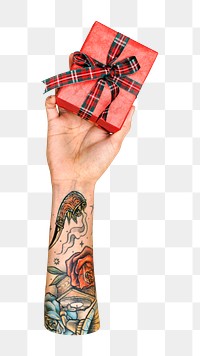 Gift box png in tattooed hand on transparent background