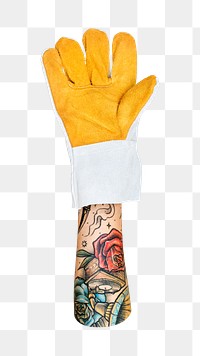 Png heat resistant glove in tattooed hand, transparent background