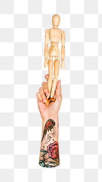 Wooden mannequin png in hand on transparent background