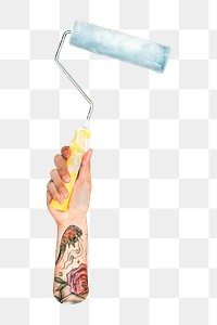 Paint roller png in tattooed hand, transparent background