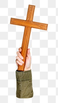 Wooden cross png in hand on transparent background