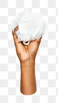 Bath sponge png in black hand, transparent background