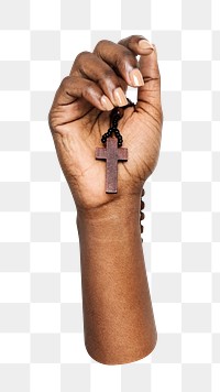 Png black hand holding rosary, transparent background
