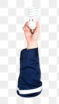 Light bulb png in hand, transparent background