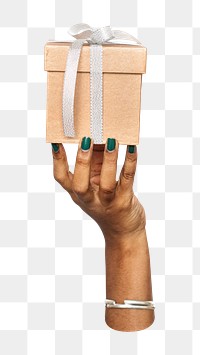 Gift box png in black hand, transparent background