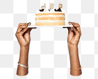 Cake png in black hand, transparent background