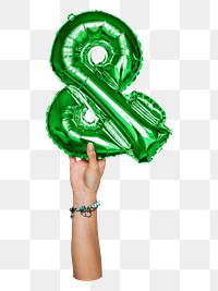 Ampersand symbol png, hand holding balloon on transparent background