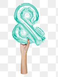 Ampersand symbol png, hand holding balloon on transparent background