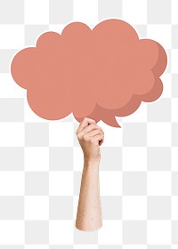 Png hand holding speech bubble, transparent background