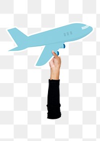 Hand holding png airplane cardboard, transparent background