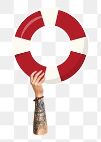 Hand holding lifebuoy png, transparent background