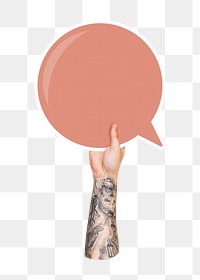 Png hand holding speech bubble, transparent background