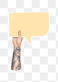 Png hand holding speech bubble, transparent background