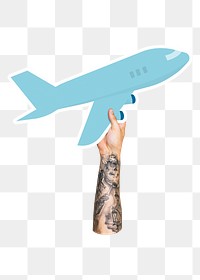 Hand holding png airplane cardboard, transparent background